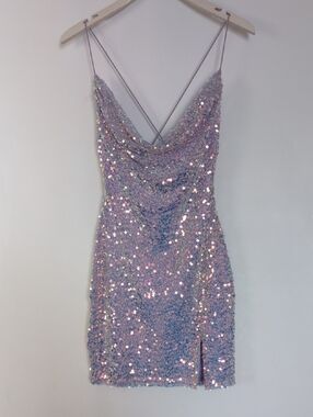 Iridescent Lilac Sequin Cowl Neck Mini Dress- Brand Honey